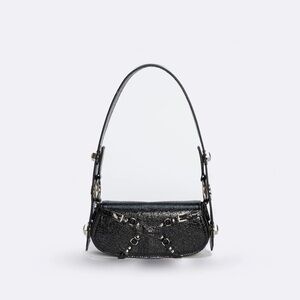 Black Leather Shoulder Bag with Gold Accents